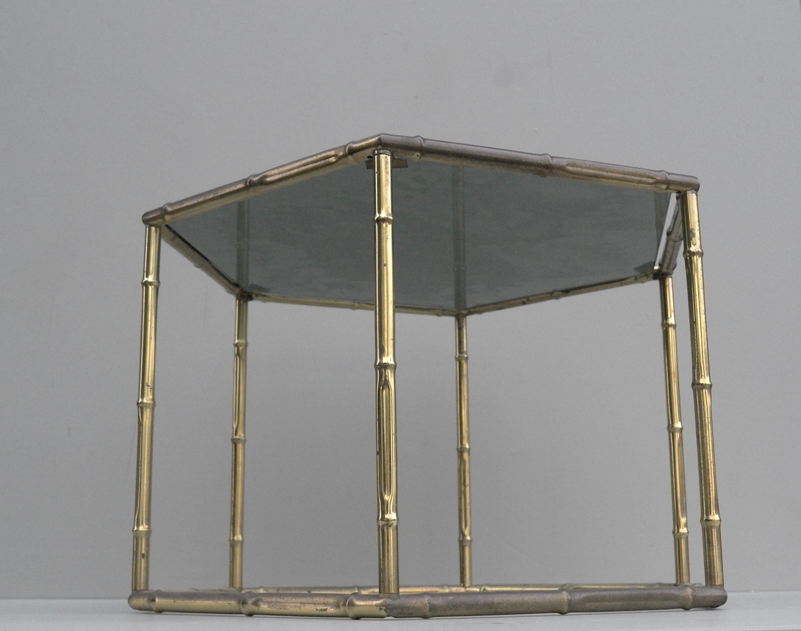 French Symmetrical Gold Metal Bamboo Side Table with Dark Glass Top For Sale 3