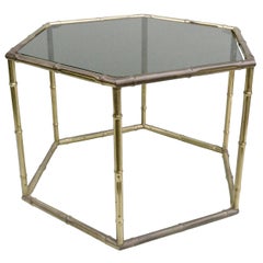 French Symmetrical Gold Metal Bamboo Side Table with Dark Glass Top
