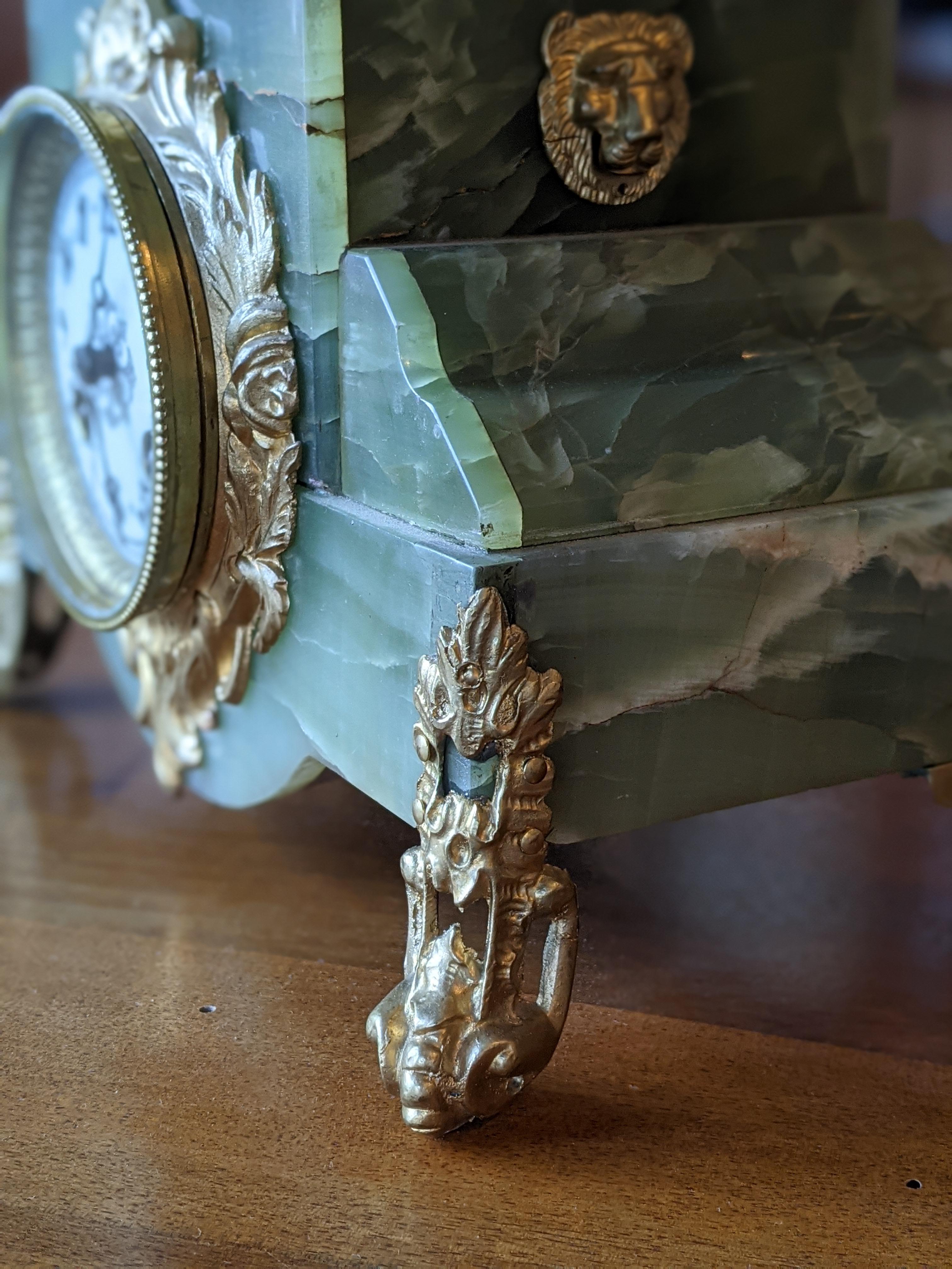 French Table Clock. Bronze, Brass and Green Marble, Mid 1800s For Sale 4