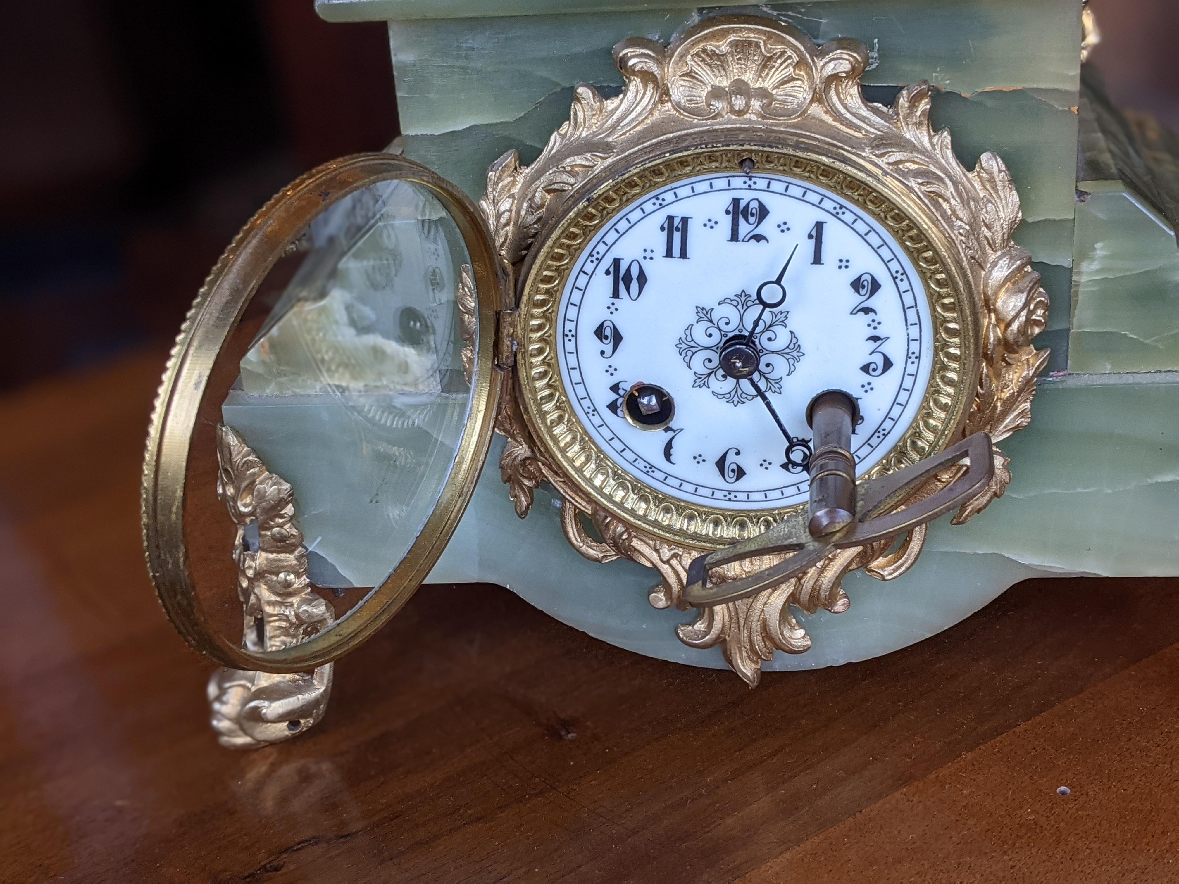 19th Century French Table Clock. Bronze, Brass and Green Marble, Mid 1800s For Sale
