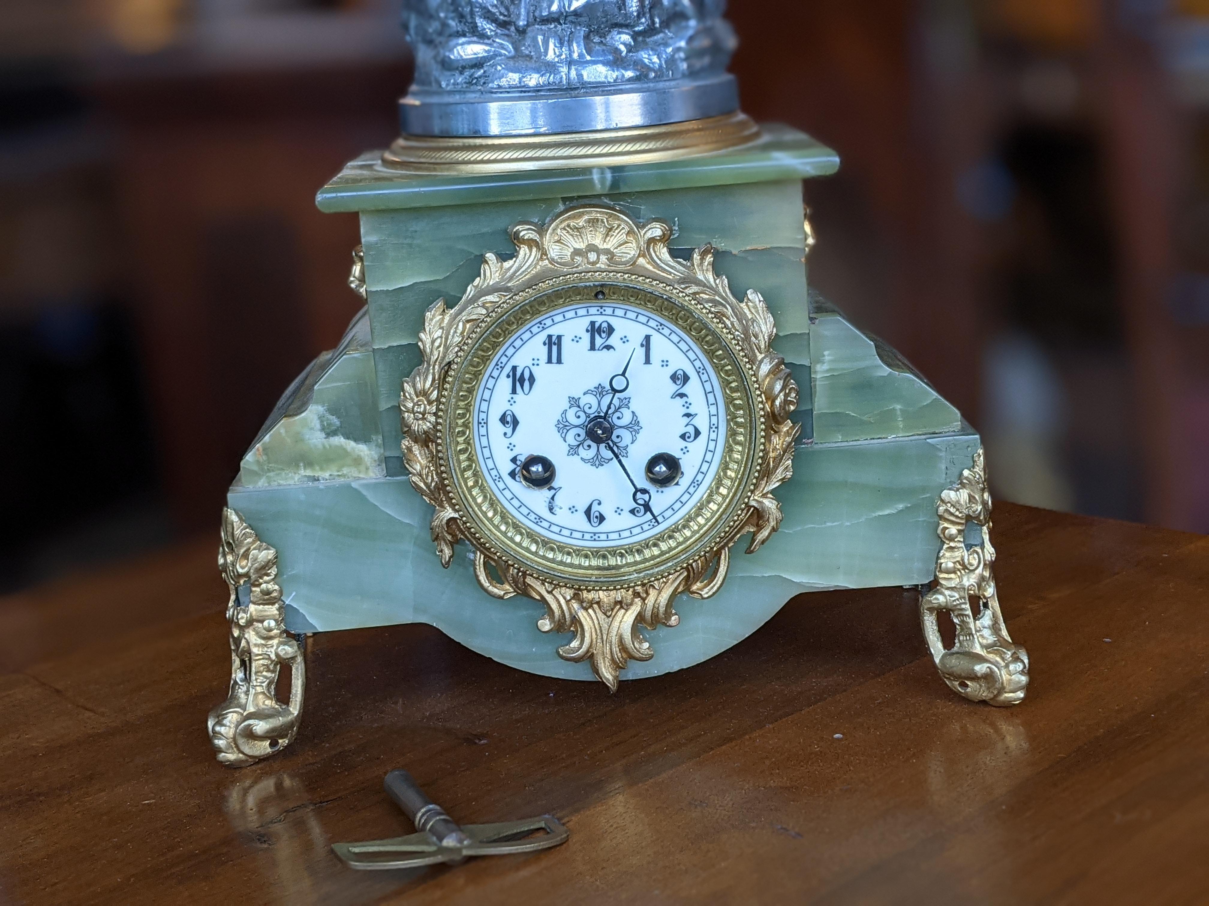 French Table Clock. Bronze, Brass and Green Marble, Mid 1800s For Sale 1