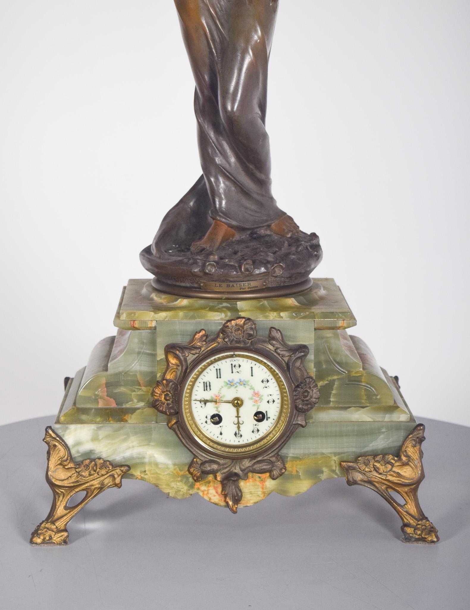 Modern French Table Clock With Marble Base and Figure For Sale