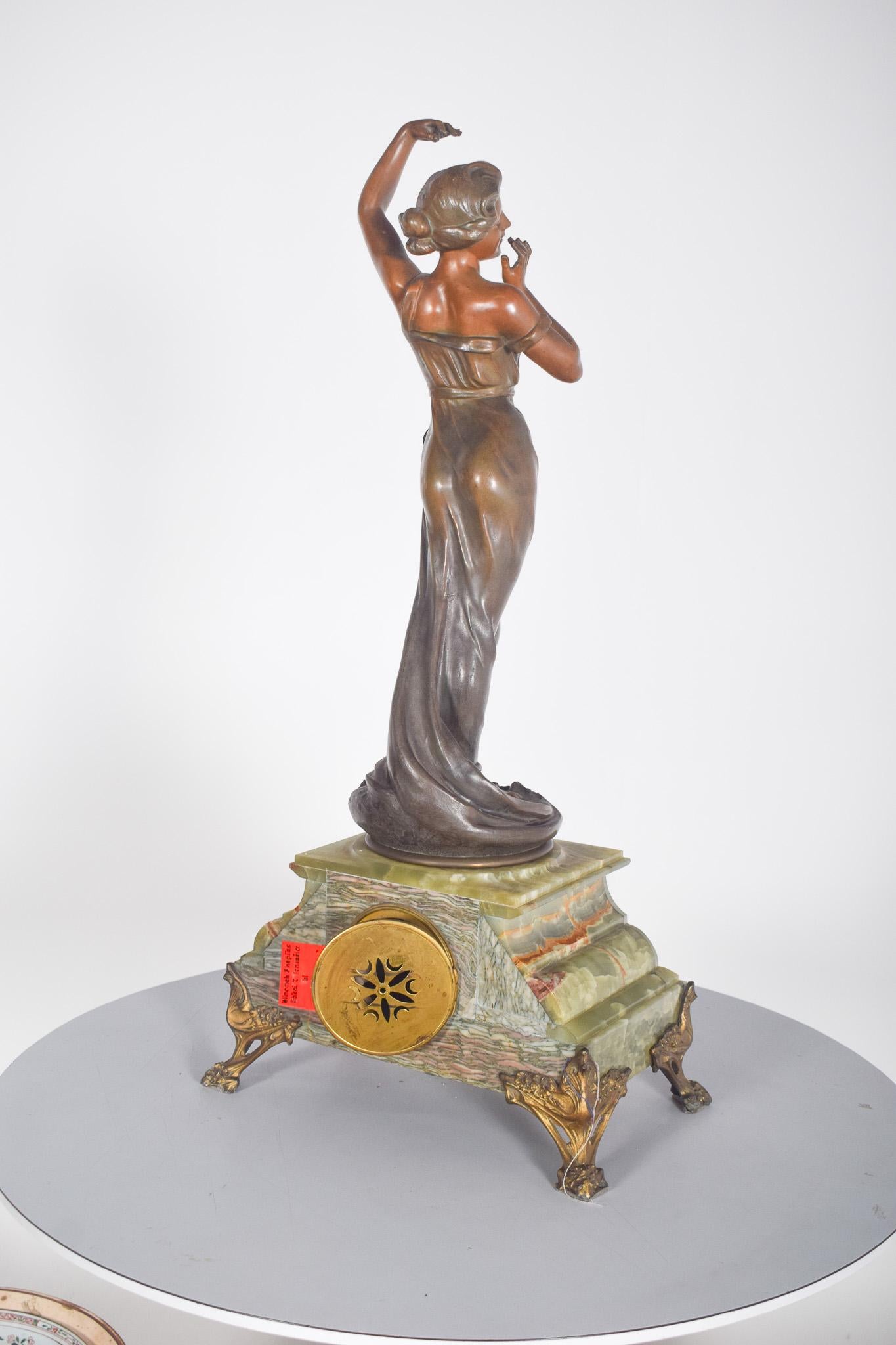 Bronze French Table Clock With Marble Base and Figure For Sale