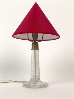 French Table Lamp, 1940s with Cut Glass Base and Red Silk Shade