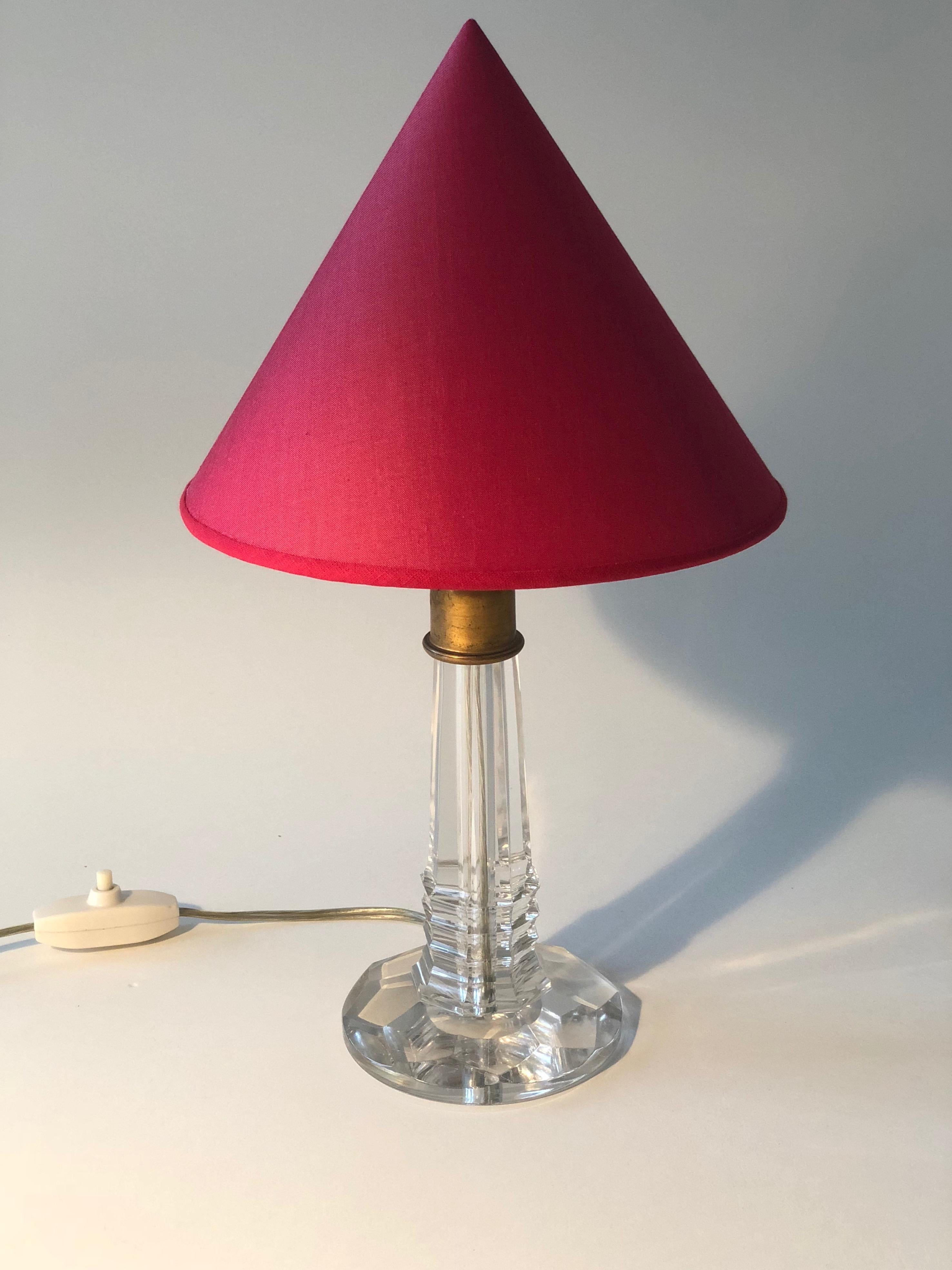 Modern French Table Lamp, 1940s with Cut Glass Base and Red Silk Shade For Sale