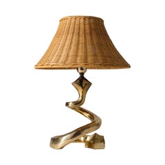 French Table Lamp, 1970s, Brass and Rattan
