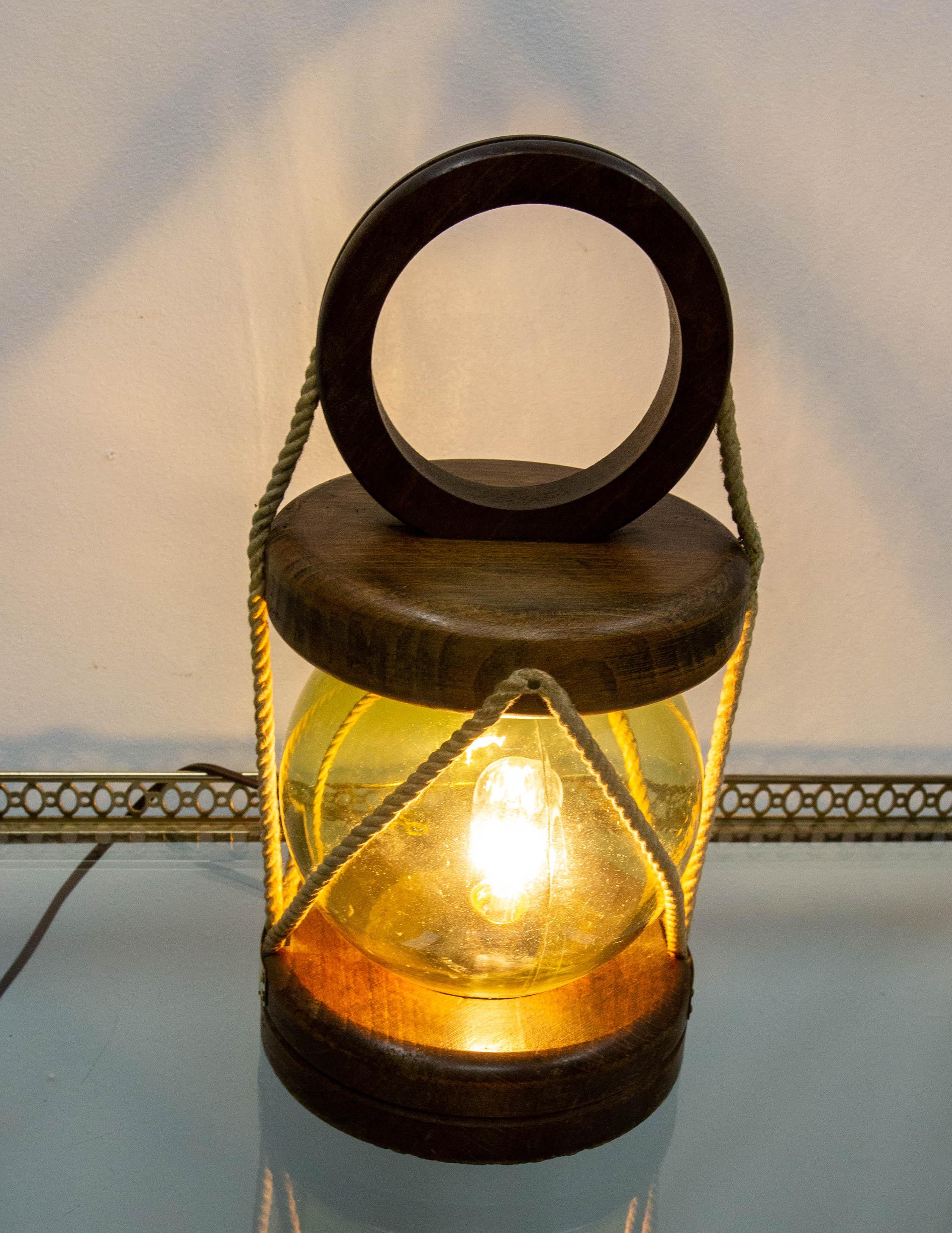 French Table Lamp Brass Wood Glass & String, Mid-Century For Sale 3