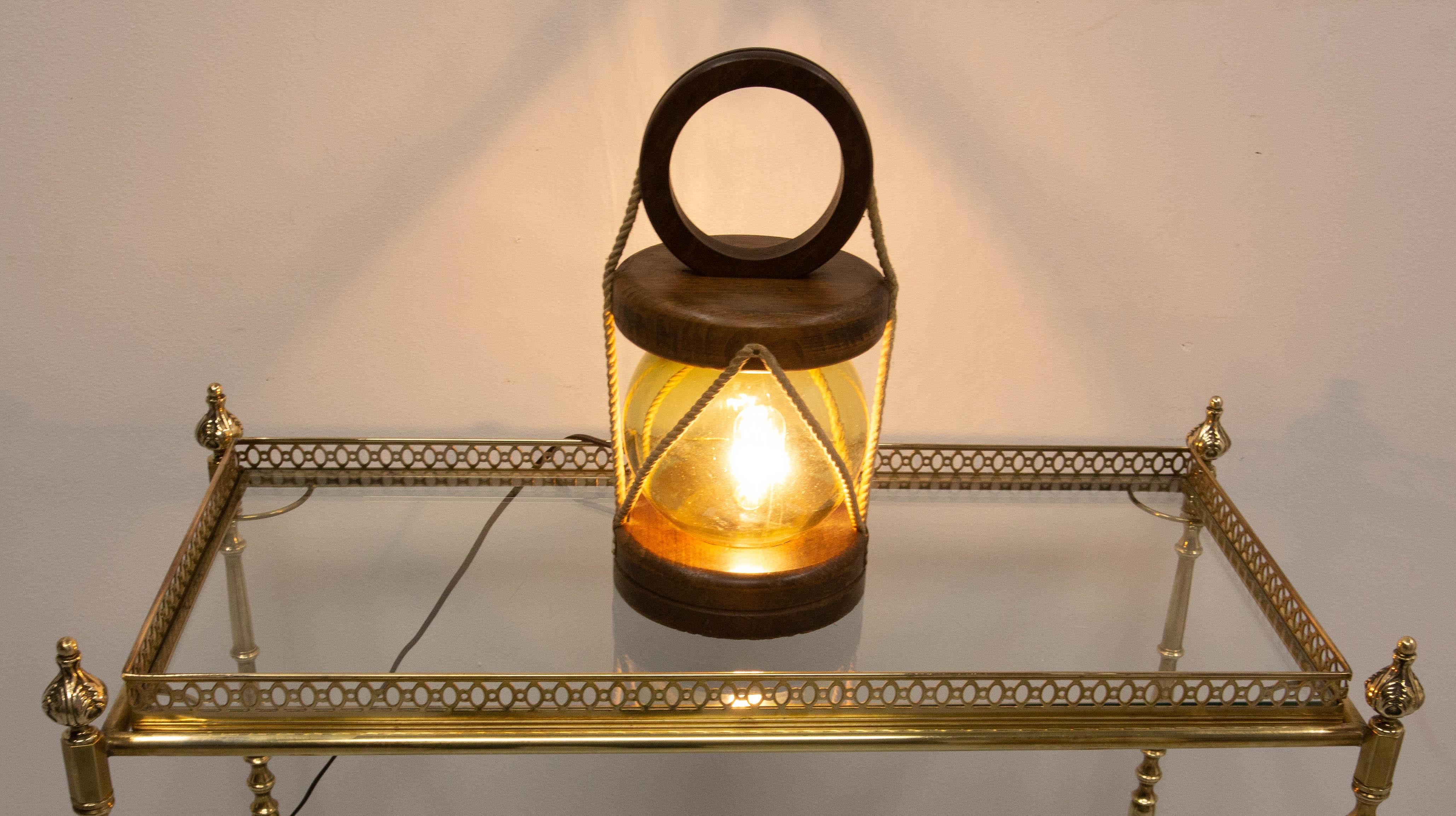 French Table Lamp Brass Wood Glass & String, Mid-Century For Sale 4