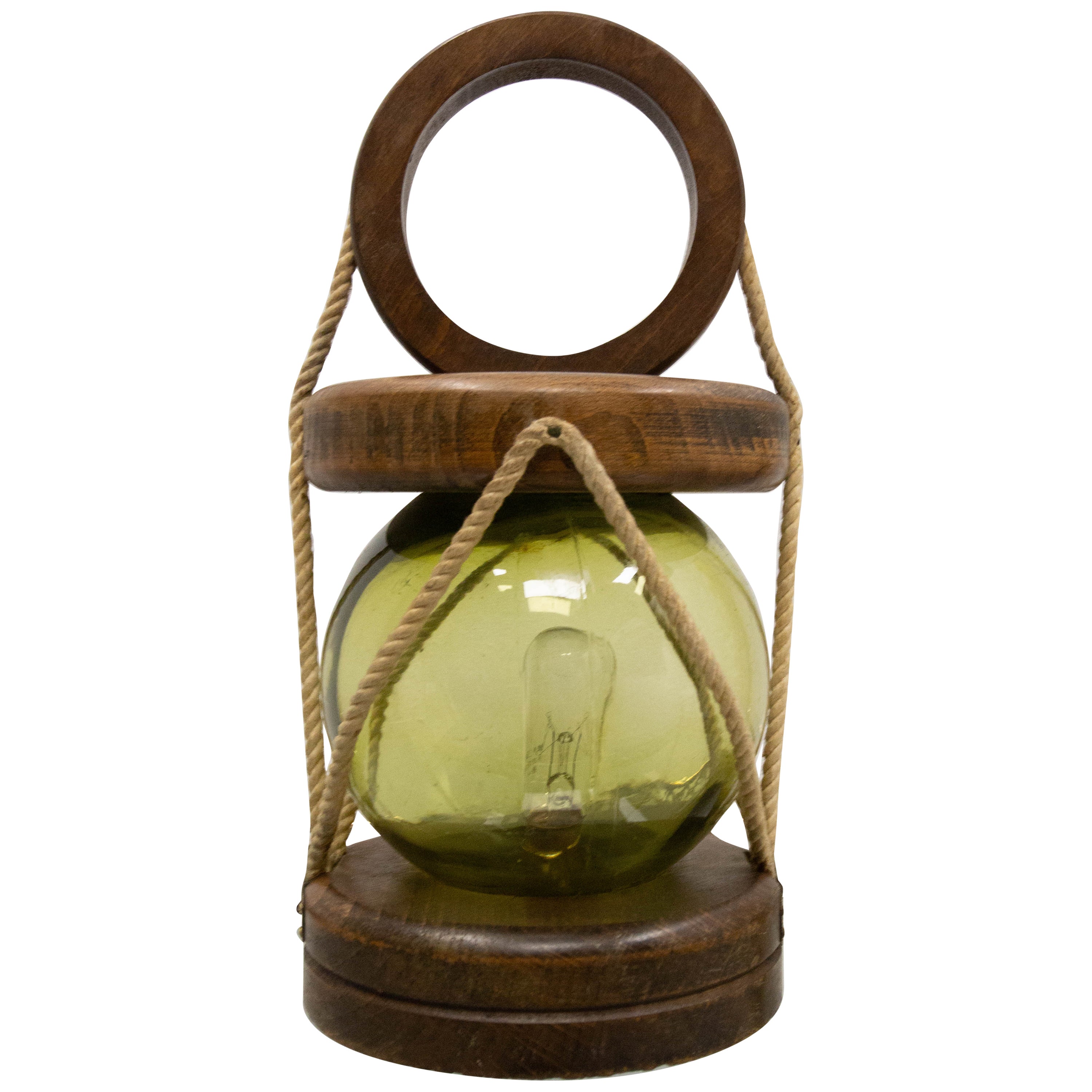 Lampada da tavolo francese in ottone, legno, vetro e corda, metà del secolo scorso