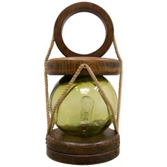Lampada da tavolo francese in ottone, legno, vetro e corda, metà del secolo scorso