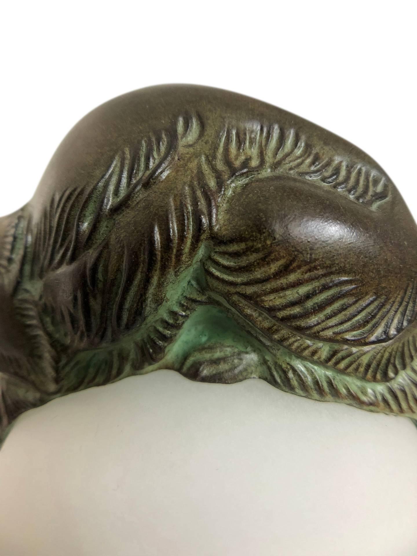 Patinated French Table Lamp Équilibre a Cat on a Glass Ball by Gaillard for Max Le Verrier