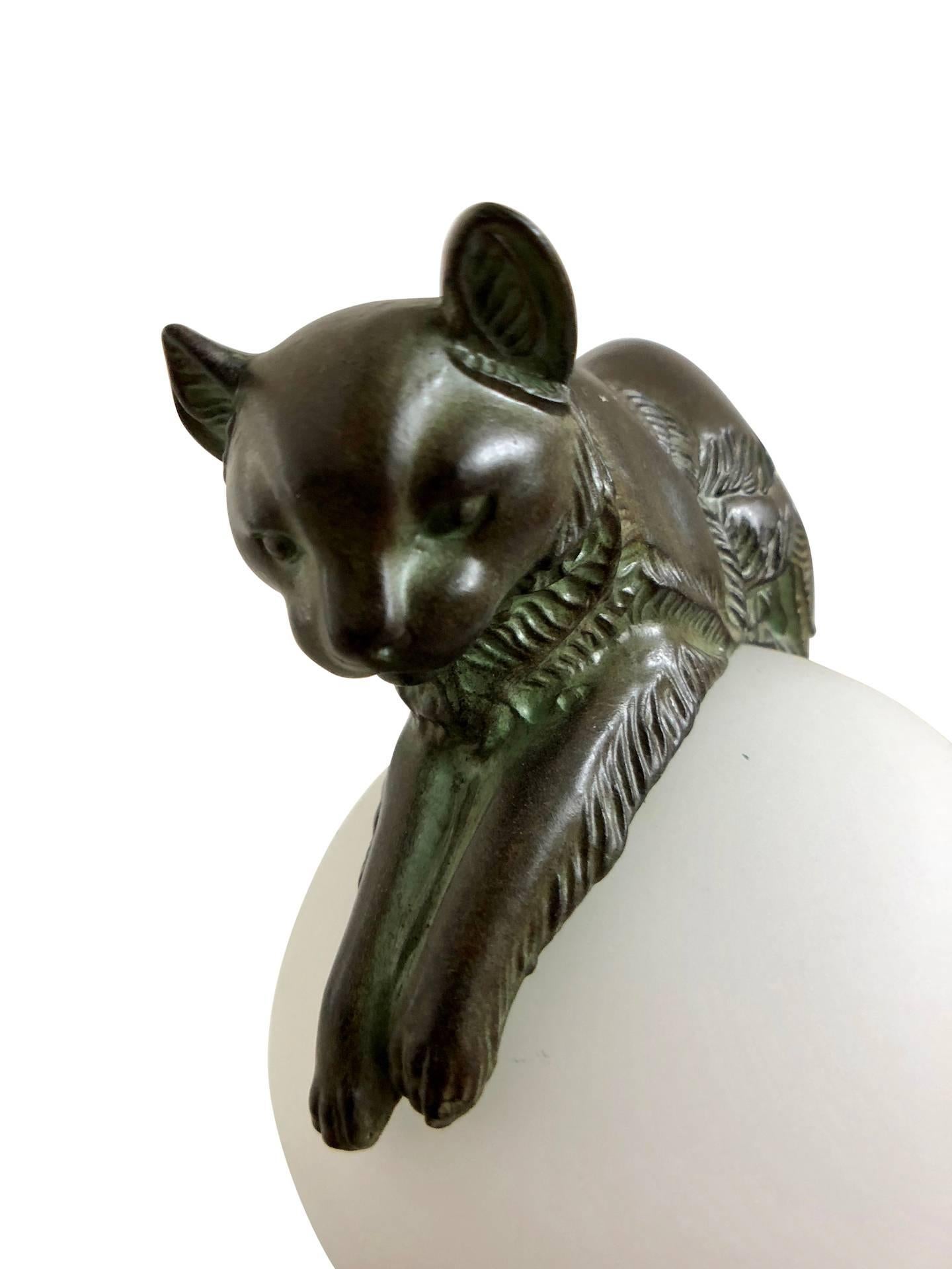 Patinated French Table Lamp Equilibre a Cat on a Glass Ball by Gaillard for Max Le Verrier