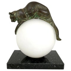 French Table Lamp Equilibre a Cat on a Glass Ball by Gaillard for Max Le Verrier