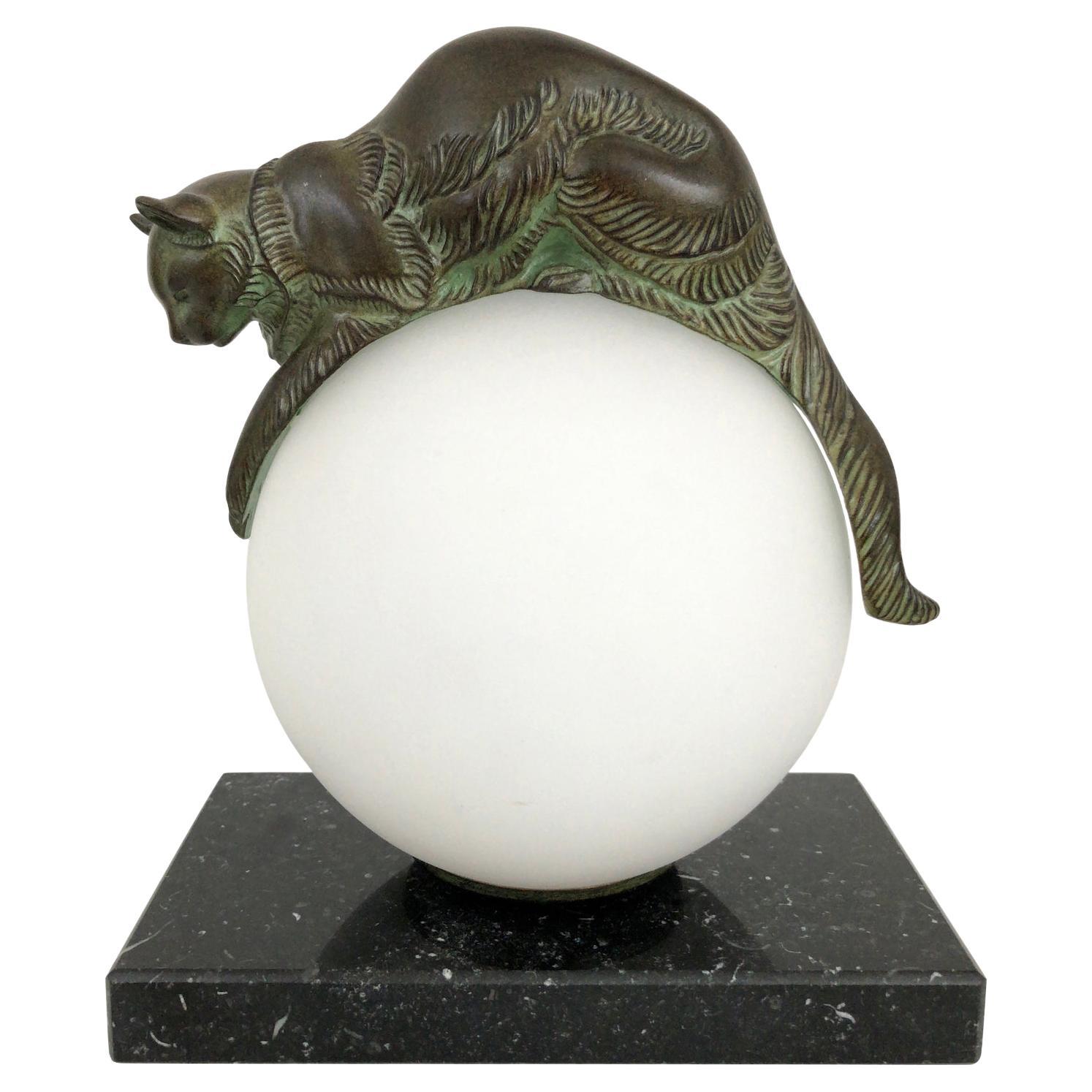 French Table Lamp Equilibre a Cat on a Glass Ball by Gaillard for Max Le Verrier For Sale