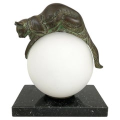 French Table Lamp Equilibre a Cat on a Glass Ball by Gaillard for Max Le Verrier