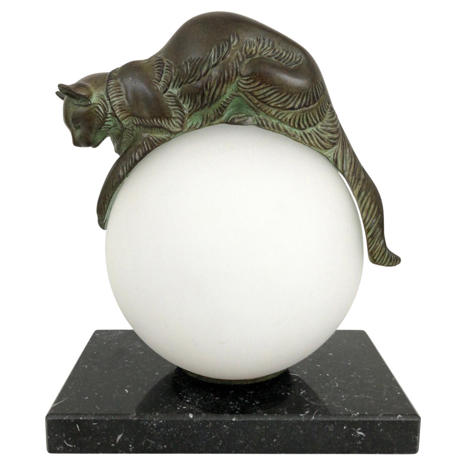 French Table Lamp Equilibre a Cat on a Glass Ball by Gaillard for Max Le Verrier en vente