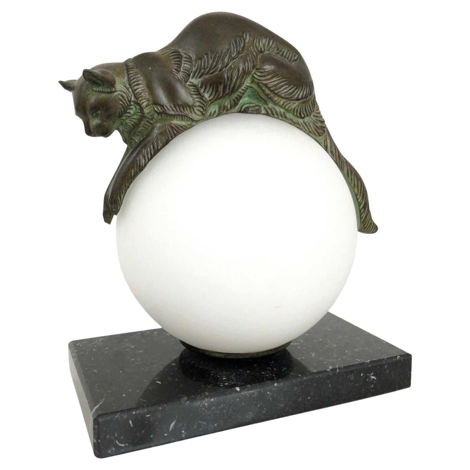 French Table Lamp Equilibre a Cat on a Glass Ball by Gaillard for Max Le Verrier