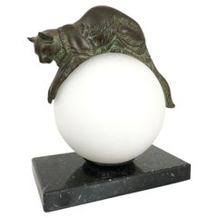 French Table Lamp Equilibre a Cat on a Glass Ball by Gaillard for Max Le Verrier