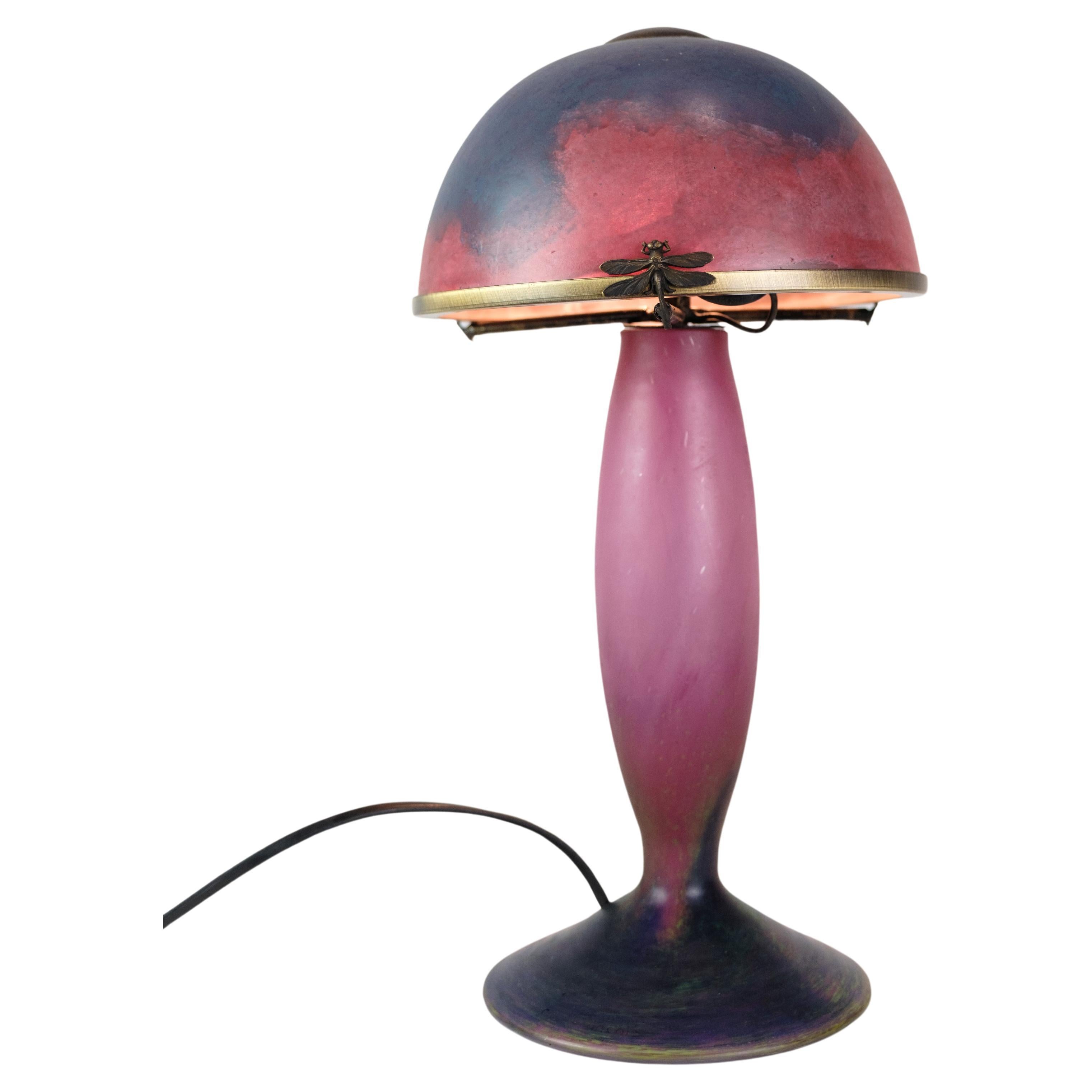 French Table Lamp in Dark Purple and Bordeaux Colors, Le Verre Francais, 1920s For Sale