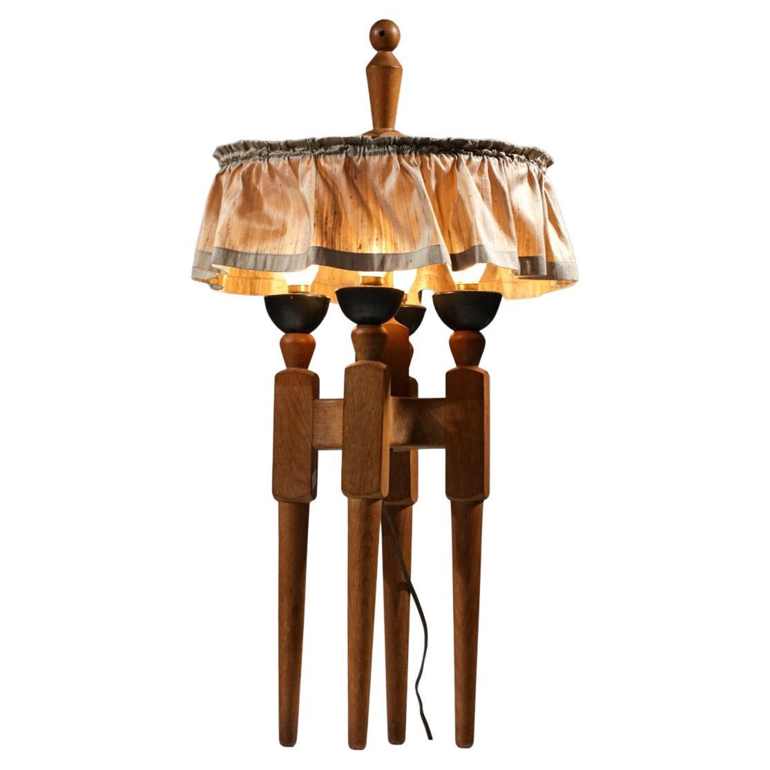 french Table lamp in solid oak and ceramic Guillerme & Chambron 50's - G044