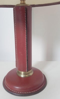 French Table Lamp in Stitched Leather and Brass by Jacques Quinet (1918-1992)