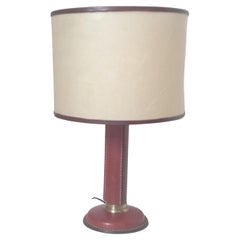 French Table Lamp in Stitched Leather and Brass by Jacques Quinet (1918-1992)