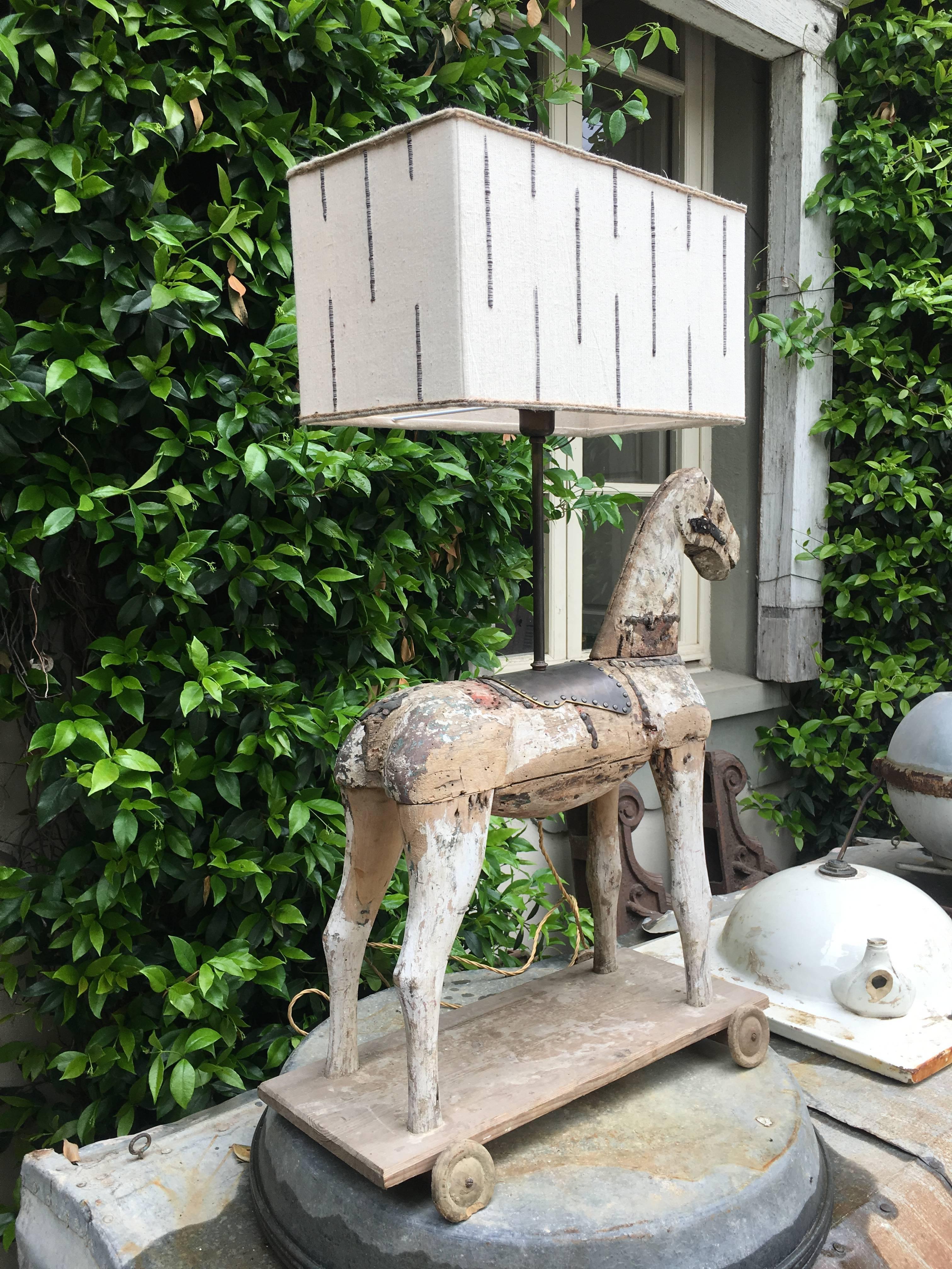 Brutalist French Table Lamp Made with Wooden Horse Children's Toy from 19th Century For Sale