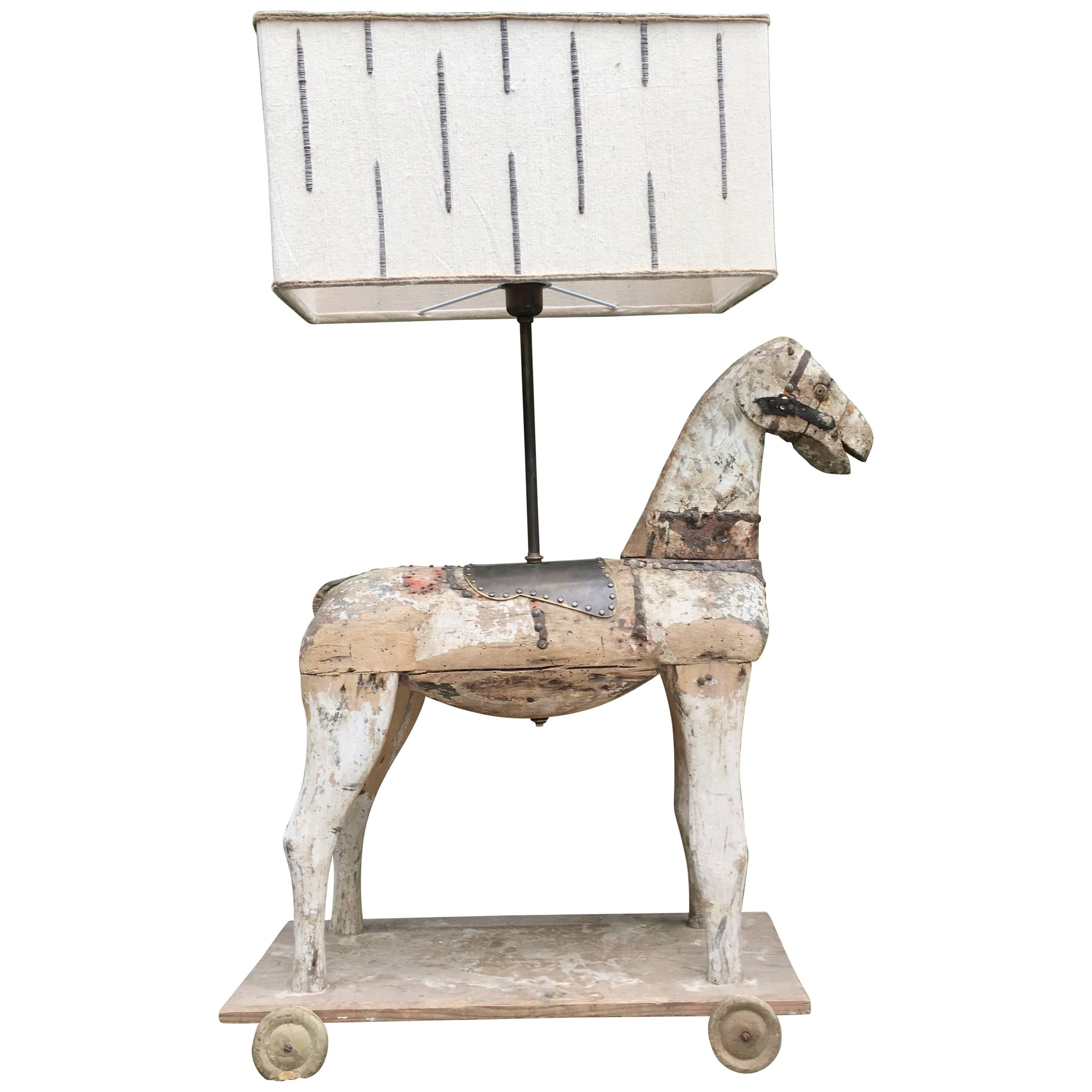 French Table Lamp Made with Wooden Horse Children's Toy from 19th Century For Sale