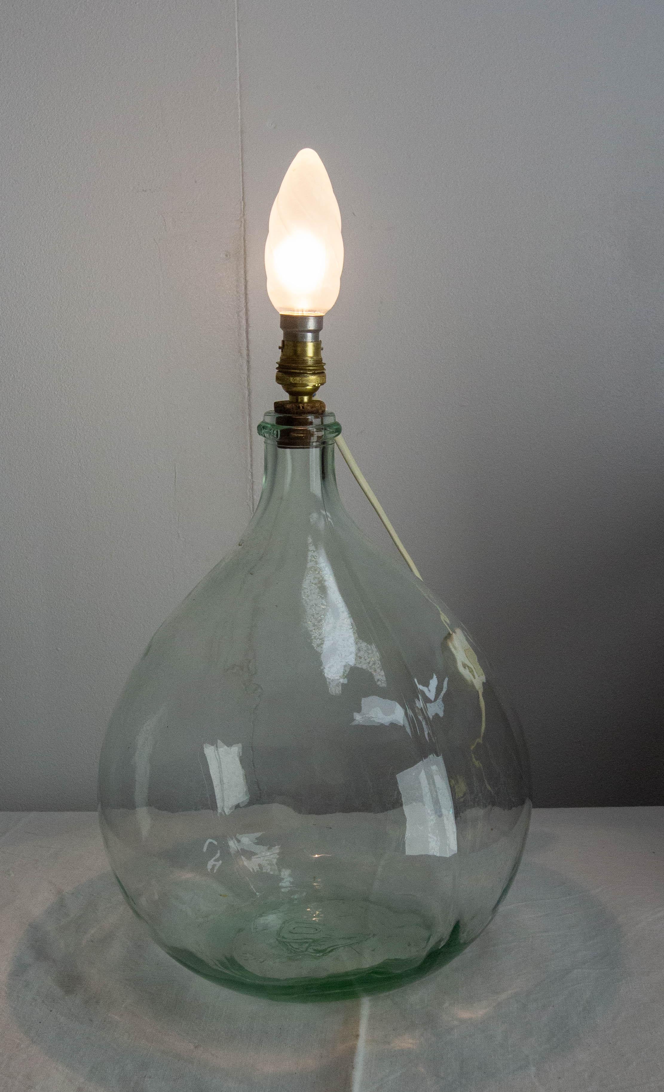 French Table Lamp Mounted on Glass Bottle Demijohns Lady Jeanne or Carboy In Good Condition In Labrit, Landes