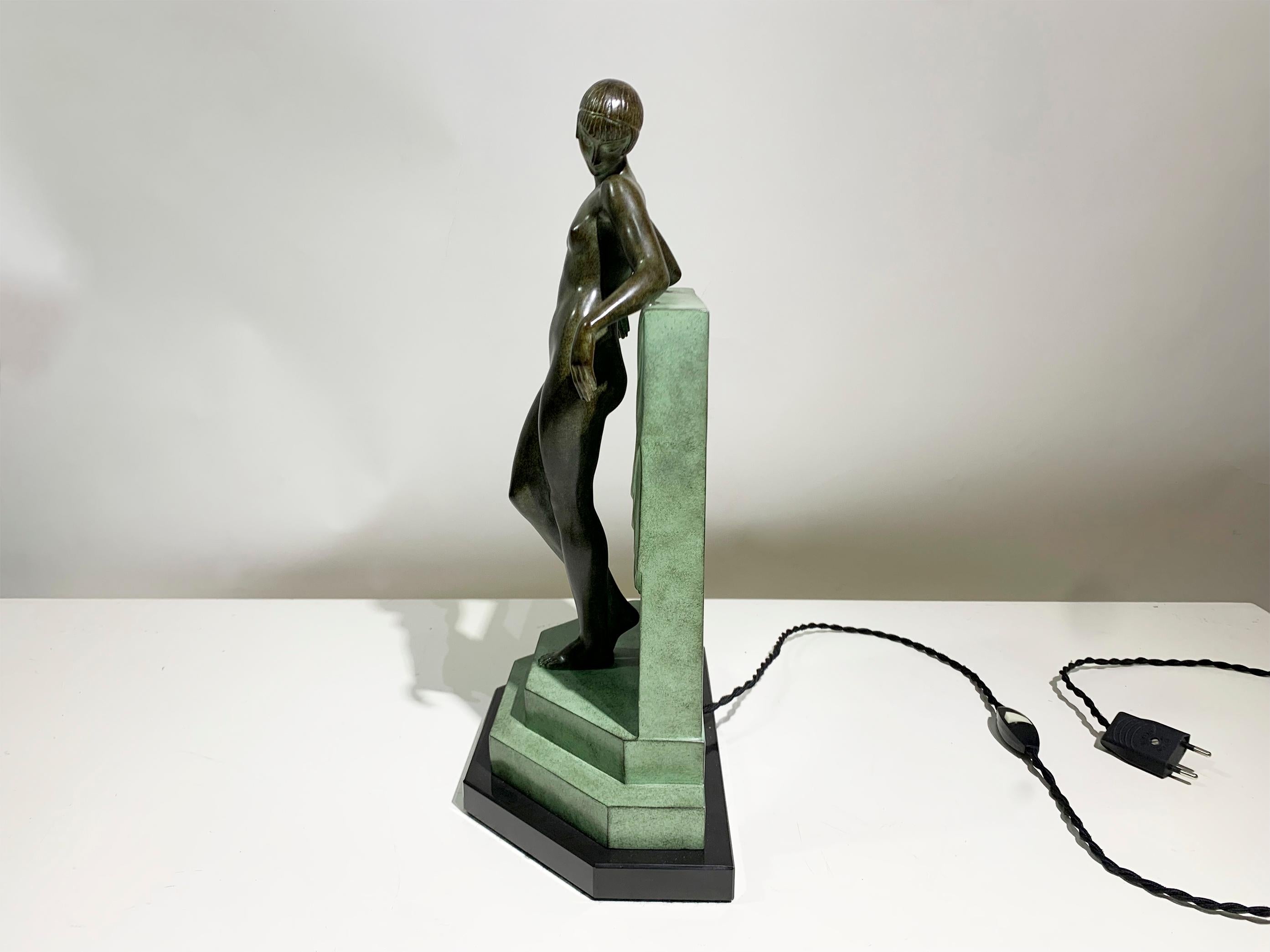 Art Deco French Table Lamp Serenite Sculpture by Fayral For Max Le Verrier For Sale