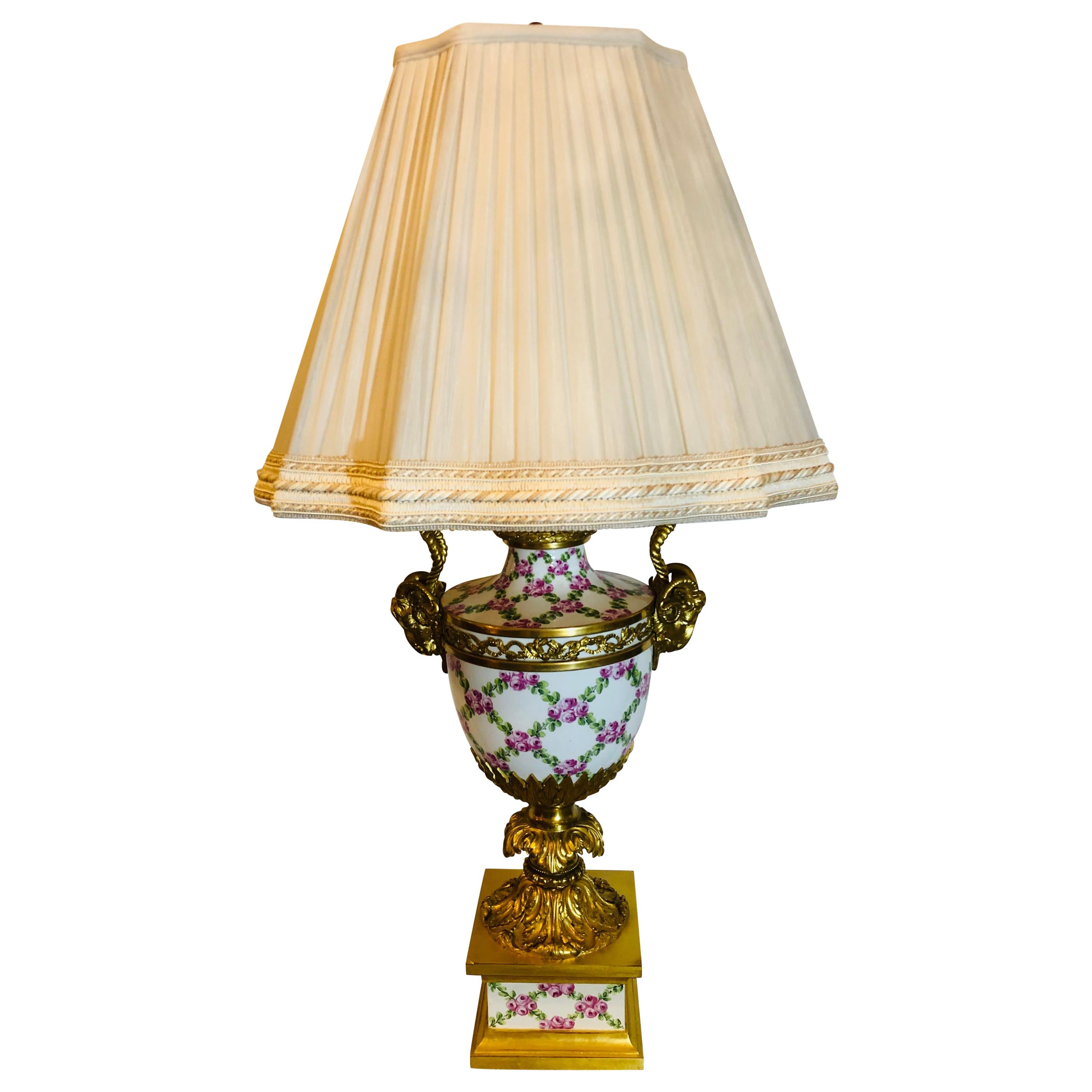 French Table Lamp Trellis Floral Porcelain Urn with Rams Head Gilt Bronze Mounts