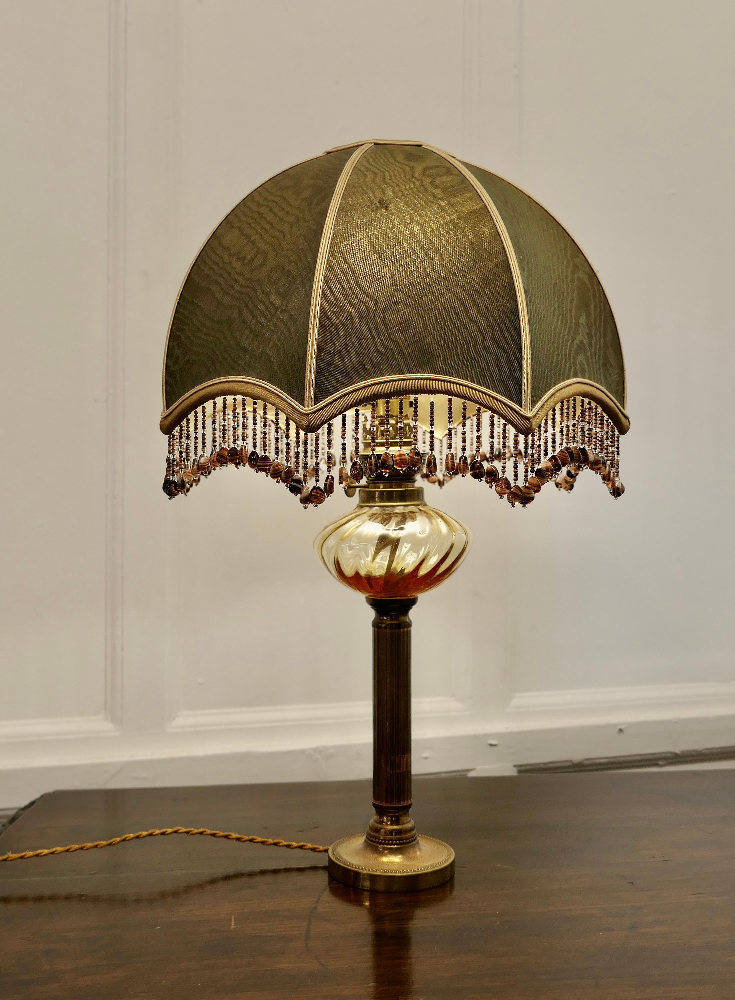 Brass French Table Lamp with Beaded Dome Lampshade