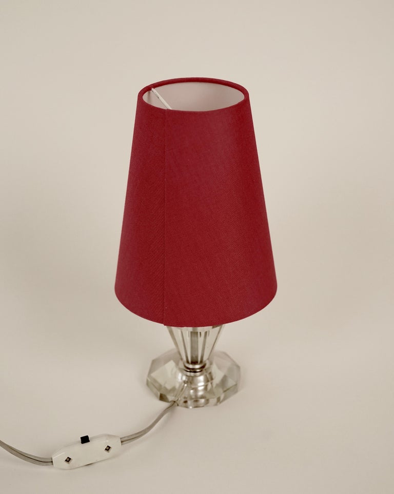 French Table Lamp with Cut Glass Base and Coral Silk Shade in Regency