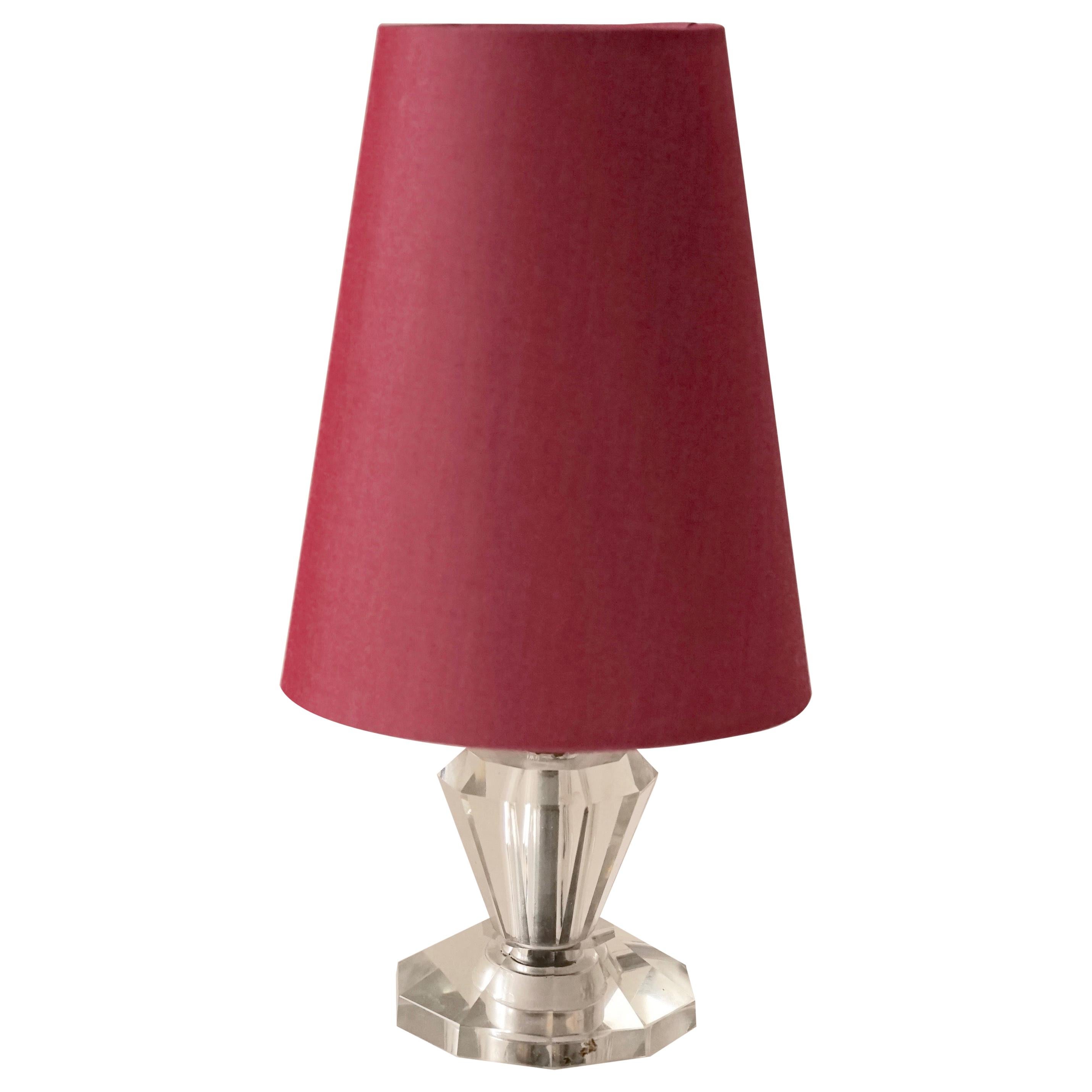 French Table Lamp with Cut Glass Base and Coral Silk Shade in Regency Style For Sale