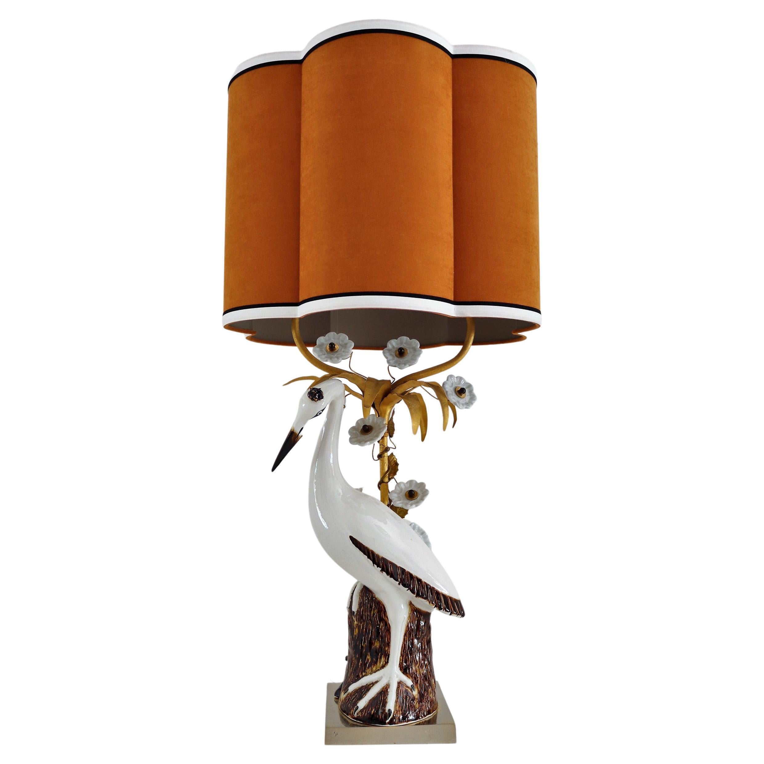 Lampe de table française avec grue ou héron et fleurs en porcelaine, 1970