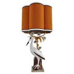 Lampe de table française avec grue ou héron et fleurs en porcelaine, 1970