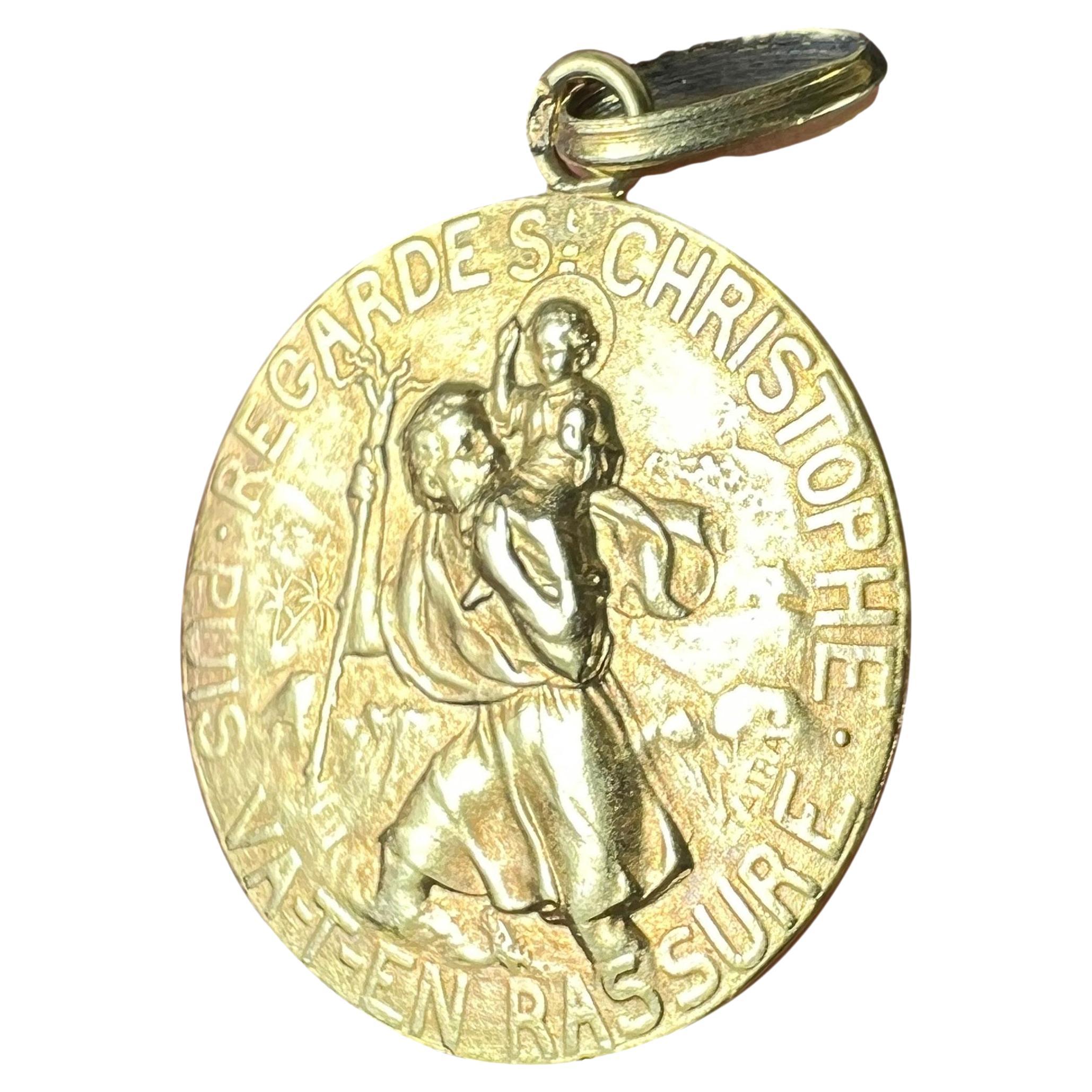 French Tairac Saint Christophe Pendentif Médaille religieuse de voyage en or jaune 18K en vente
