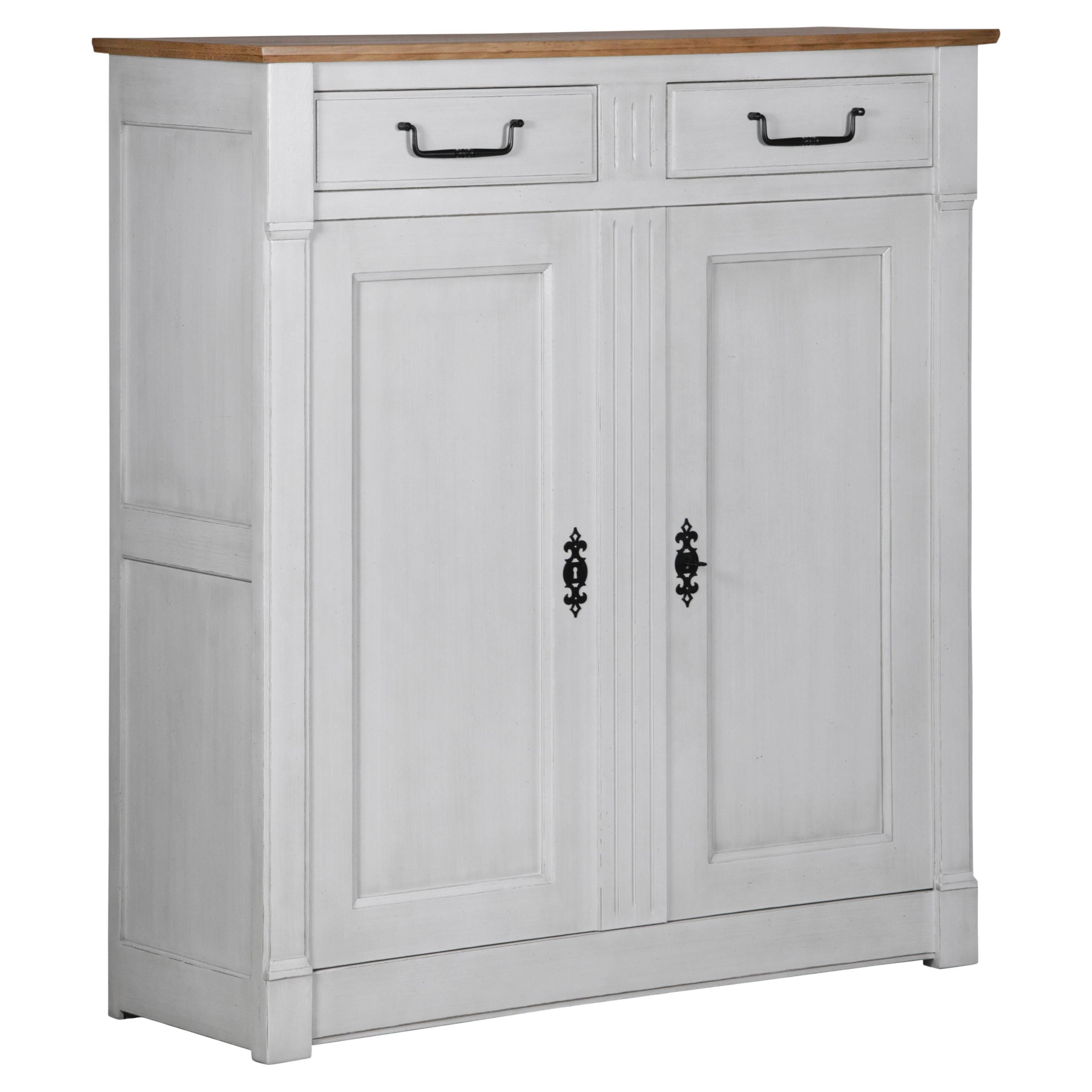 French Tall Cabinet in Solid Oak, Chestnut Stained and Pearl-Grey Lacquered For Sale
