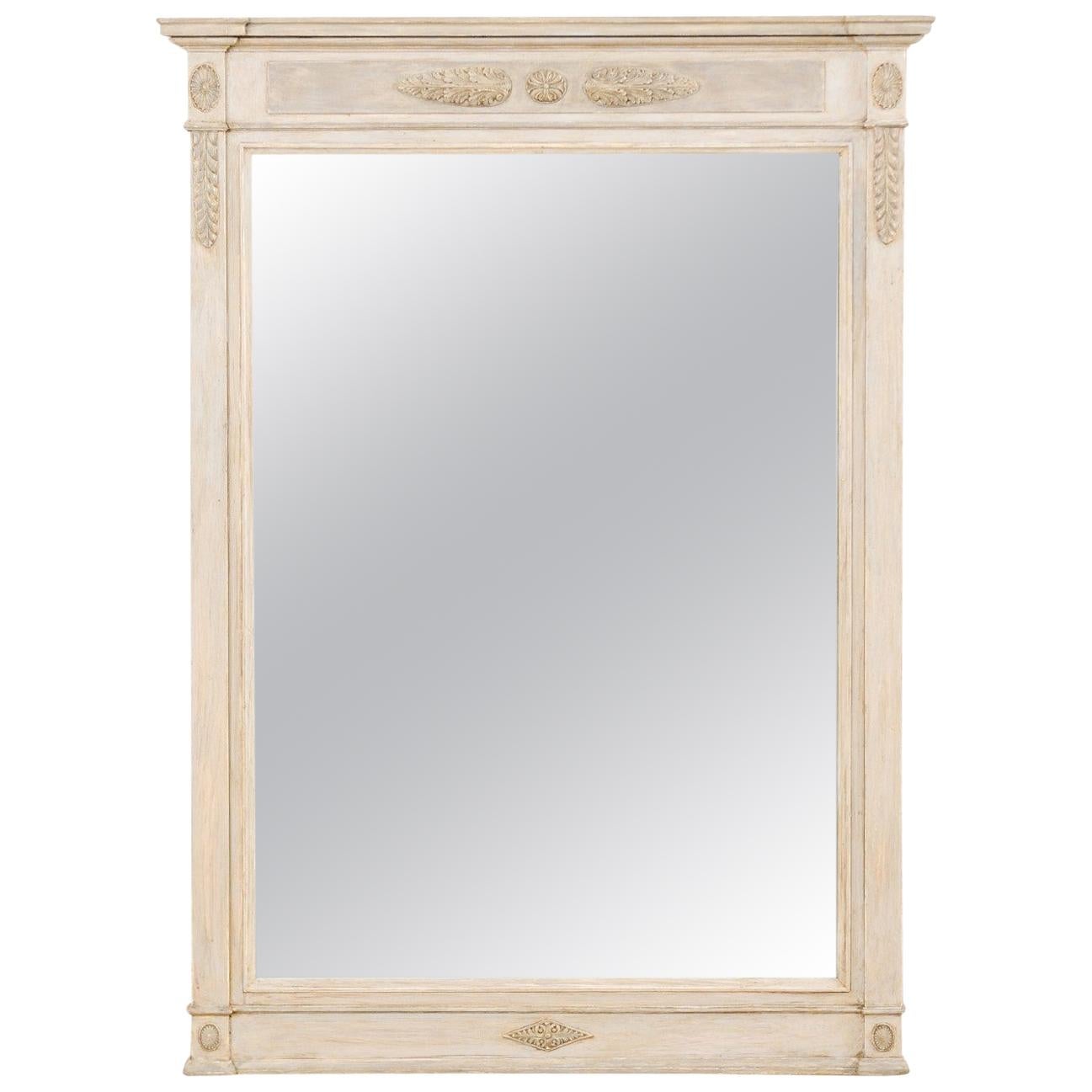 French Tall Carved Wood Mirror in Soft Grey Hues, Mid-20th Century