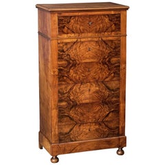 French Tall Chest of Burled Walnut with Six Drawers