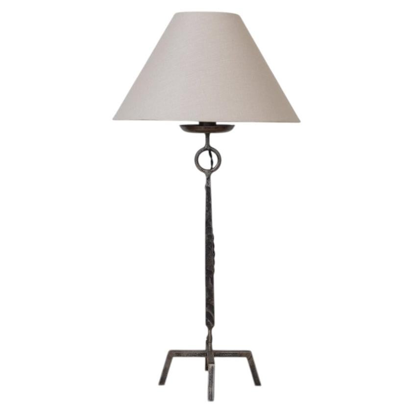 French Tall Iron Brutalist Table Lamp For Sale