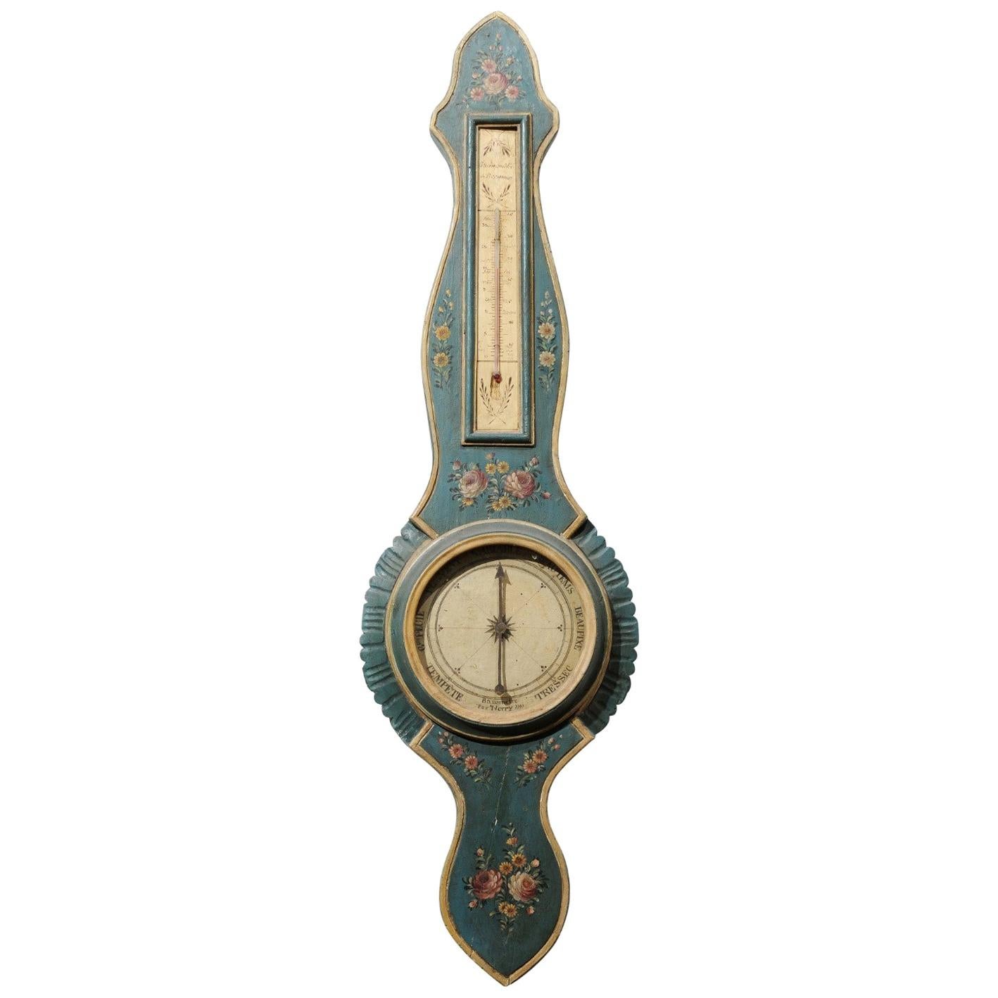 French Tall Provençal Barometer with Hand Painted Floral Decor, circa 1780