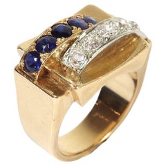 Französischer Tank-Ring, 18k, natürlicher Saphir und Diamant