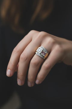 French Tank Ring 1940s, 18k Gold and Platinum, Diamonds & Rubies, Art Deco Retro