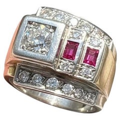 French Tank Ring 1940s, 18k Gold and Platinum, Diamonds 
Rubies, Art Deco Retro