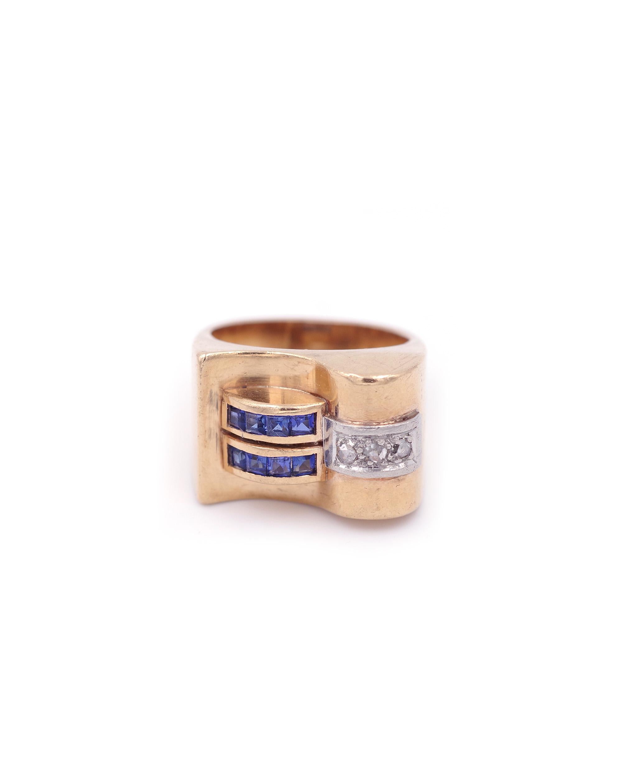 Retro French Tank sapphire diamond ring, 18 karat gold For Sale