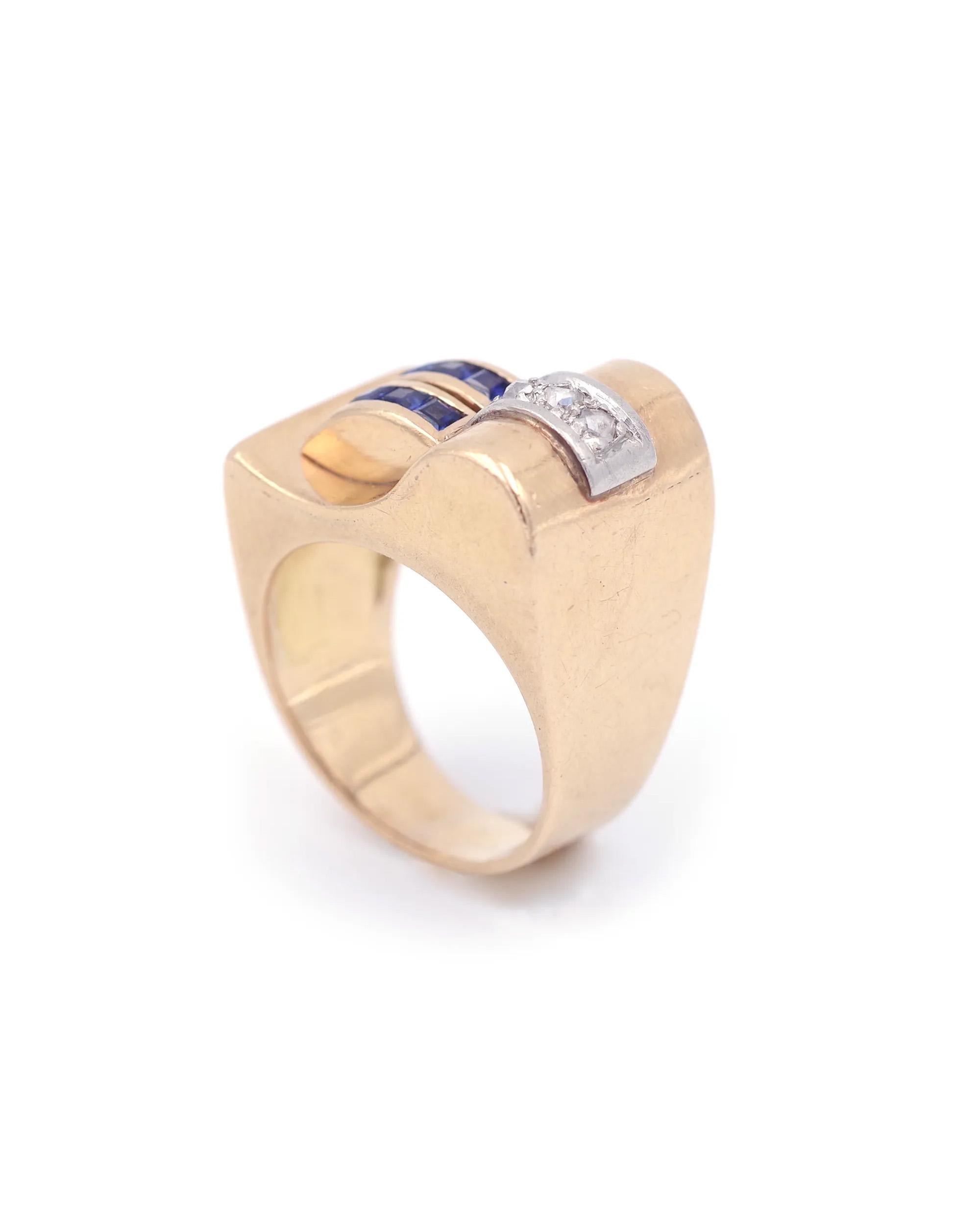 Old Mine Cut French Tank sapphire diamond ring, 18 karat gold For Sale