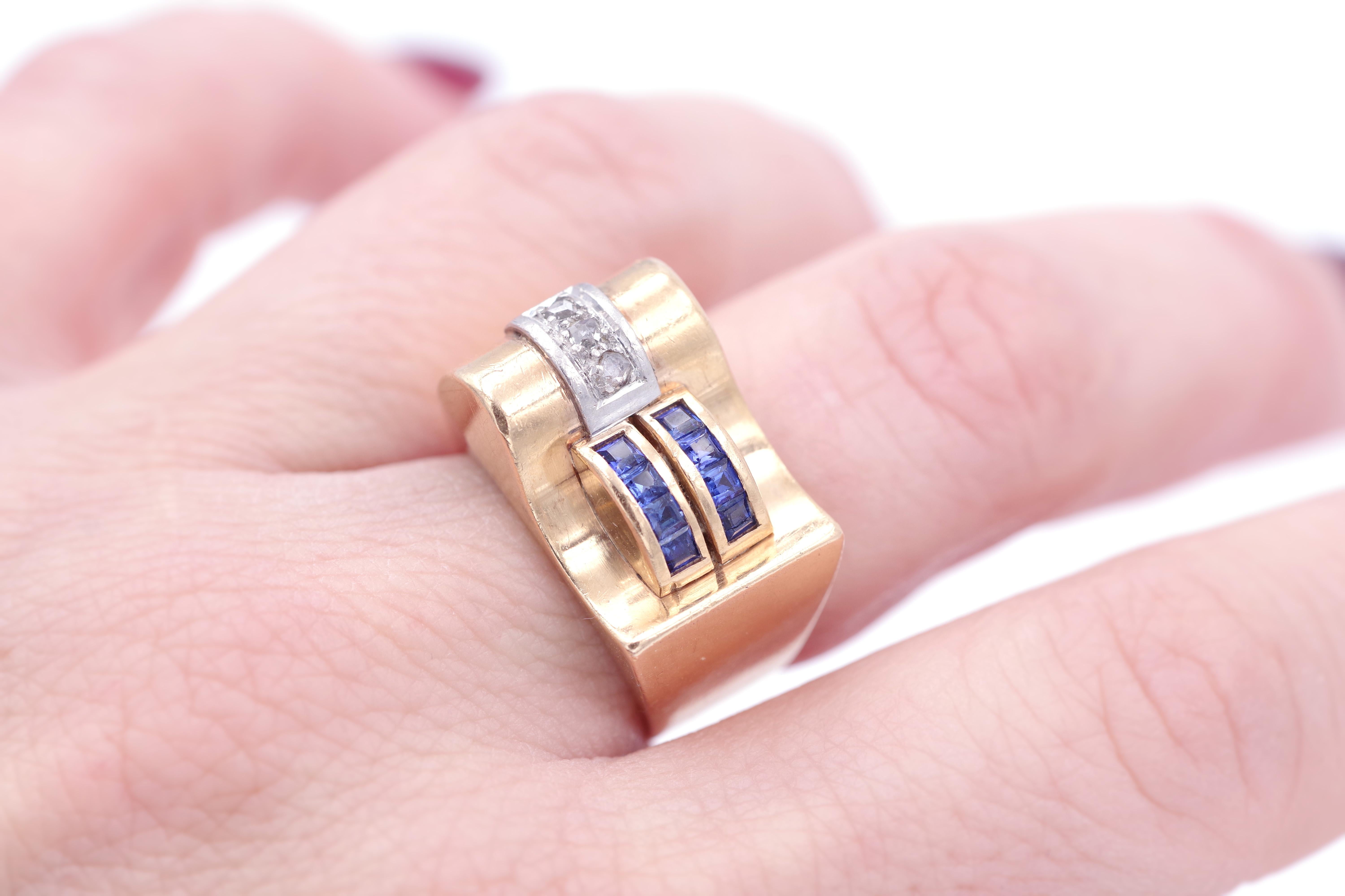 French Tank sapphire diamond ring, 18 karat gold In Good Condition For Sale In PARIS, FR