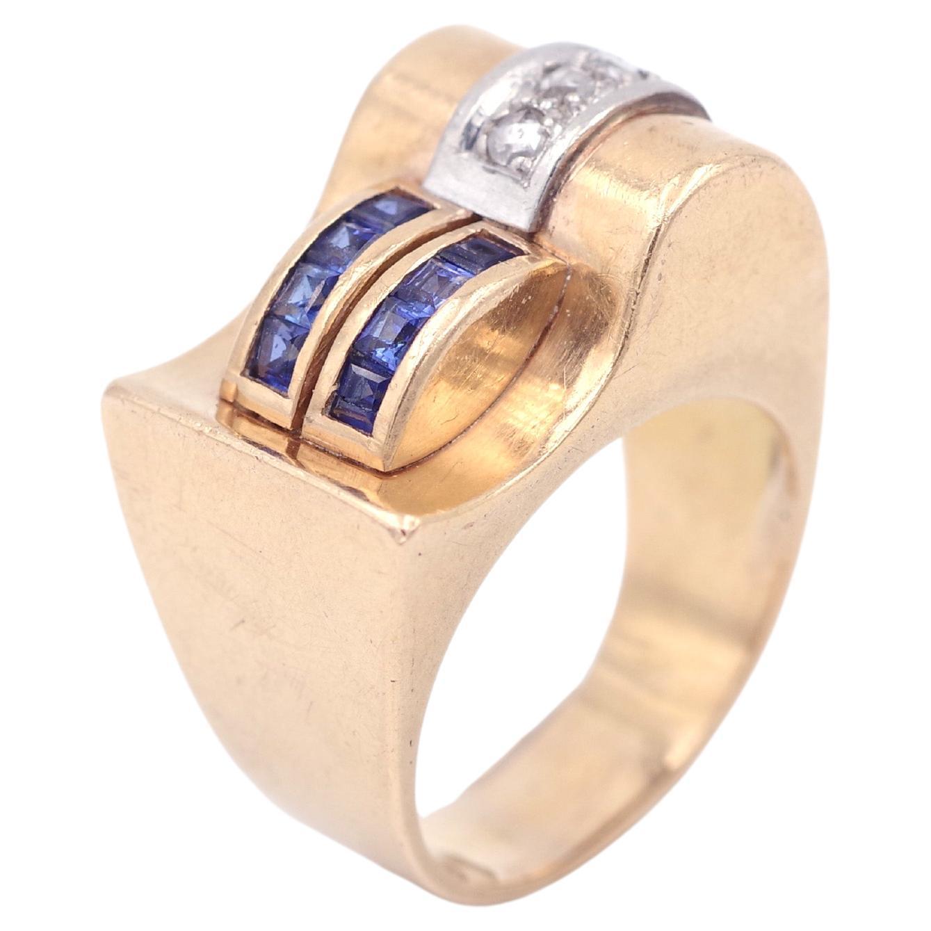 French Tank sapphire diamond ring, 18 karat gold For Sale