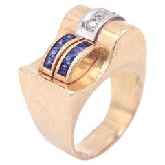 French Tank sapphire diamond ring, 18 karat gold